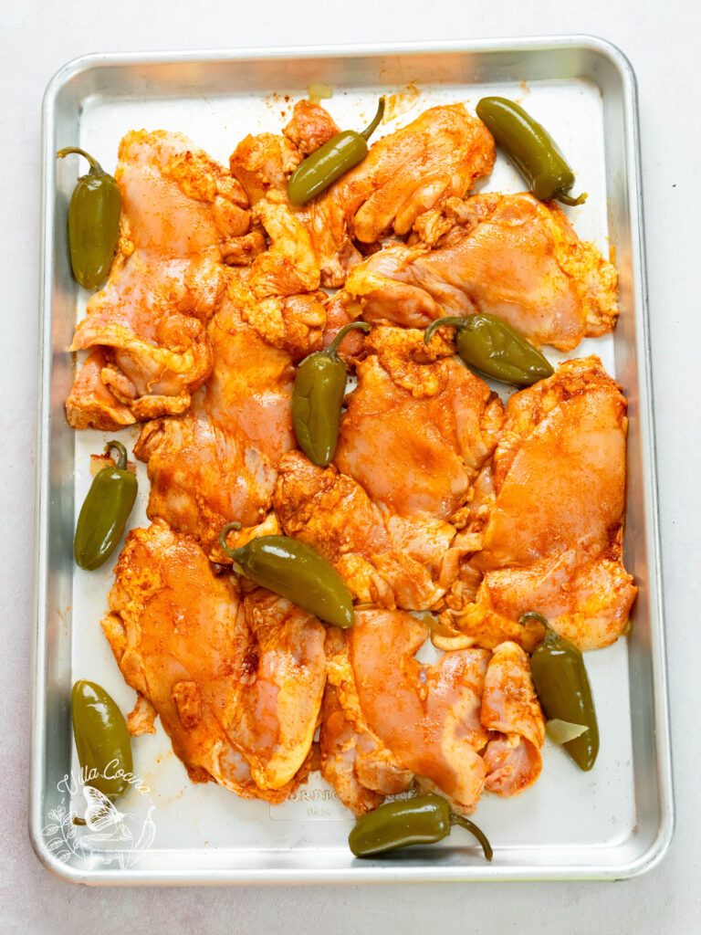 Raw chicken mixed with spices and ready to cook.